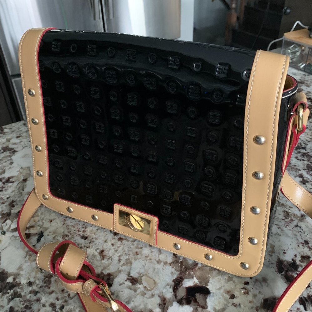 Arcadia patent leather purse - black and tan with red accents